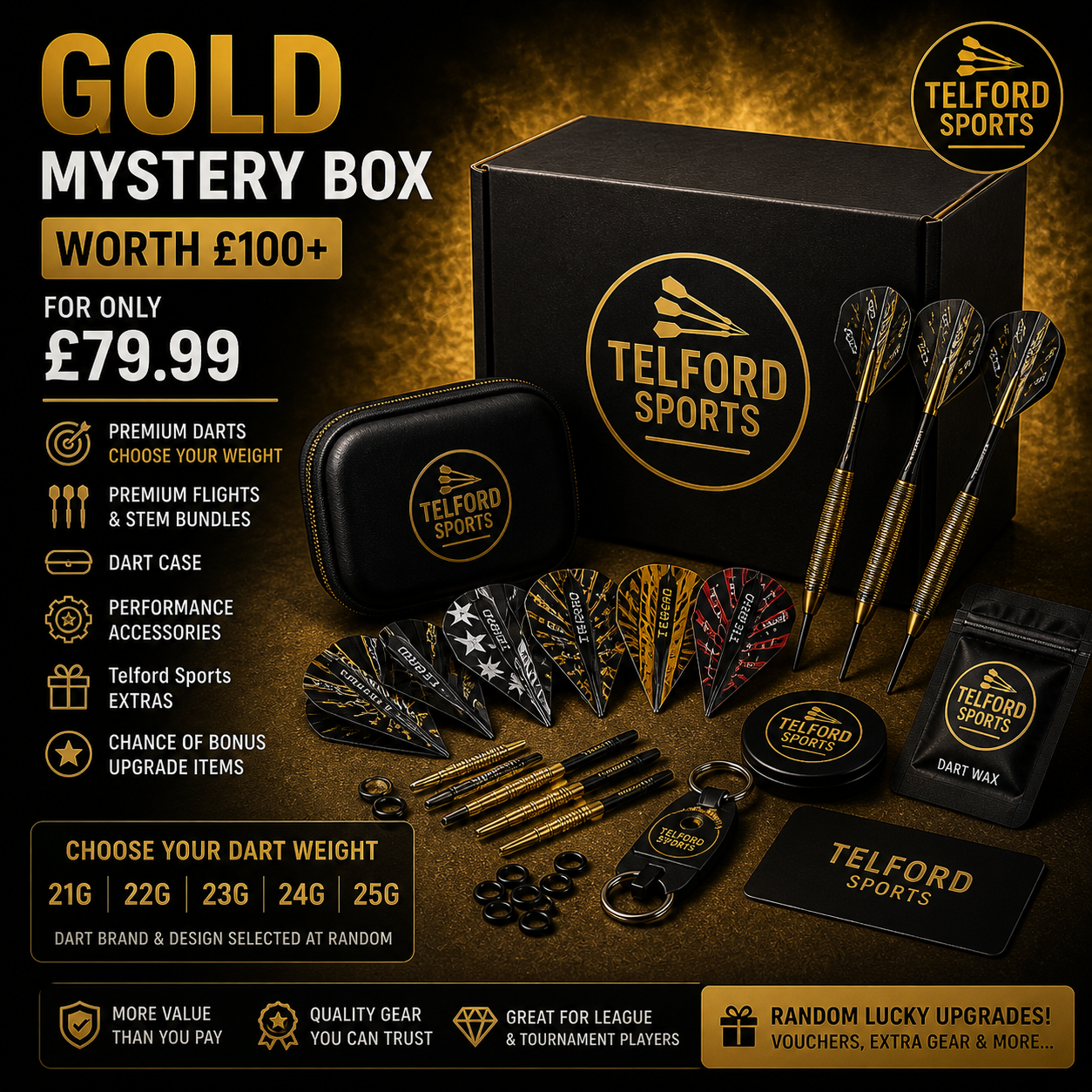 Telford Sports Gold Darts Mystery Box – £79.99 | Guaranteed £100+ Value
