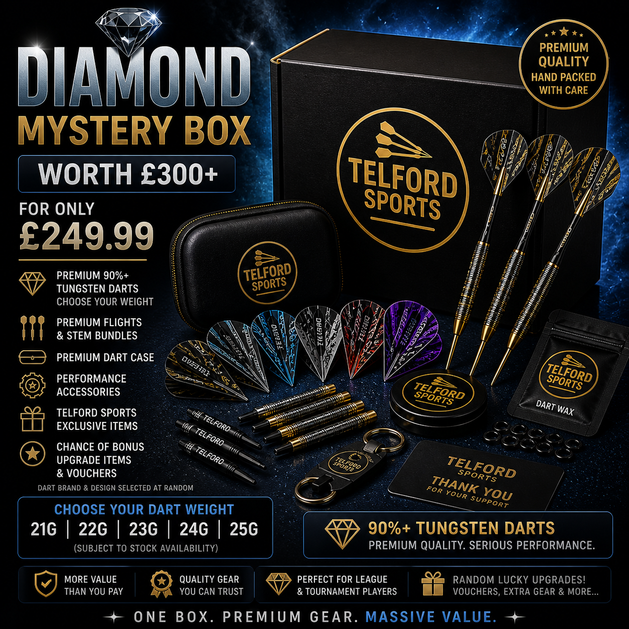 Telford Sports Diamond Darts Mystery Box – £249.99 | Guaranteed £300+ Value | Choose Your Dart Weight